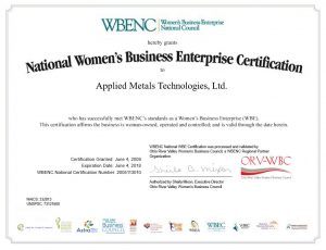 Certificate showing AMT's Women's Business Enterprise certification